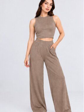 Women's 2 Piece Ribbed Matching Set Sleeveless Crop Top Wide Leg Pants